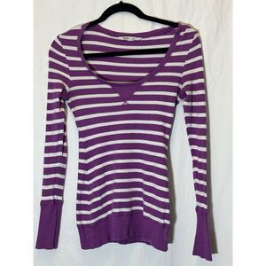 Old Navy Women V-Neck Purple White Striped‎ Sweater Size S D25